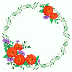 Floral round frame from cute zinnia flowers, silver eucalyptus branch, willow. Greeting card template. Design artwork for the poster, tee shirt, pillow, home decor. Summer flowers with green leaves.