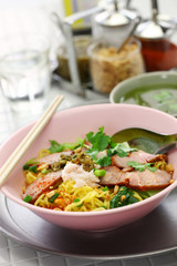 bami haeng mu daeng, egg noodles served with roast pork, thai food