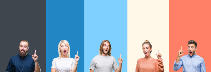 Collage of casual young people over colorful stripes isolated background pointing finger up with...