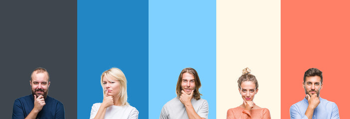 Collage of casual young people over colorful stripes isolated background looking confident at the camera with smile with crossed arms and hand raised on chin. Thinking positive.
