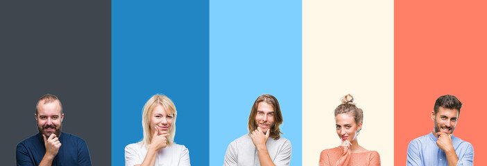 Collage of casual young people over colorful stripes isolated background looking confident at the camera with smile with crossed arms and hand raised on chin. Thinking positive.