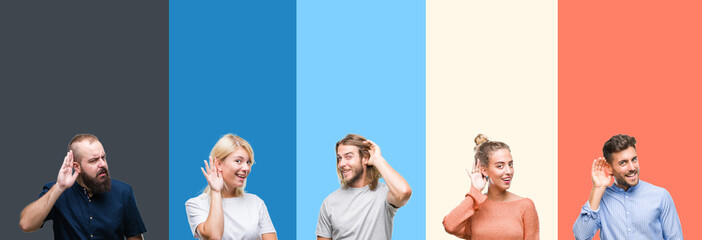 Collage of casual young people over colorful stripes isolated background smiling with hand over ear listening an hearing to rumor or gossip. Deafness concept.