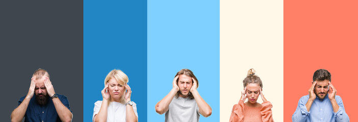Obraz premium Collage of casual young people over colorful stripes isolated background with hand on head for pain in head because stress. Suffering migraine.