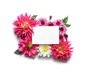 Obraz na płótnie Canvas Flat lay composition with beautiful dahlia flowers and blank card on white background