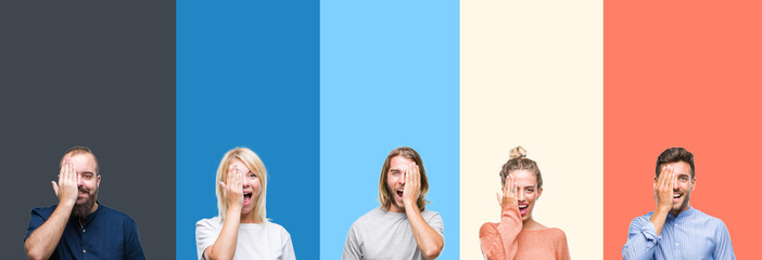 Collage of casual young people over colorful stripes isolated background covering one eye with hand with confident smile on face and surprise emotion.