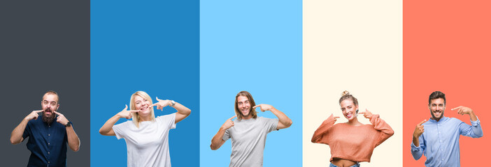 Collage of casual young people over colorful stripes isolated background smiling confident showing and pointing with fingers teeth and mouth. Health concept.