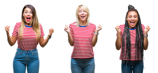 Collage of young women wearing stripes t-shirt over isolated background celebrating surprised and amazed for success with arms raised and open eyes. Winner concept.