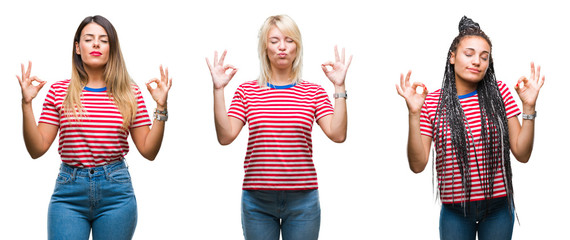 Collage of young women wearing stripes t-shirt over isolated background relax and smiling with eyes closed doing meditation gesture with fingers. Yoga concept.