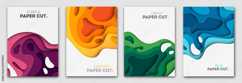Poster vertical banners set with 3d abstract background and paper cut shapes. vector design layout for busi