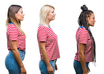 Collage of young women wearing stripes t-shirt over isolated background looking to side, relax profile pose with natural face with confident smile.