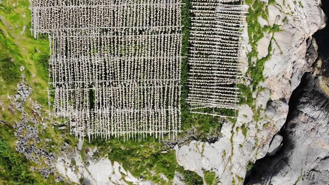 Aerial view. Cod stockfish drying on racks, Lofoten islands. Industrial fishing in Norway