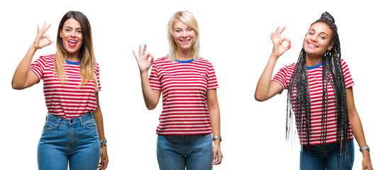 Collage of young women wearing stripes t-shirt over isolated background smiling positive doing ok sign with hand and fingers. Successful expression.