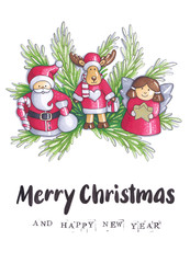 Christmas card Santa Claus, reindeer, angel on pine tree background