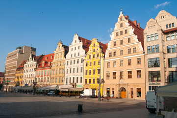 Fototapeta na wymiar Facades of old historic tenements on Rynek (Market Square) in Wroclaw (Breslau), Poland