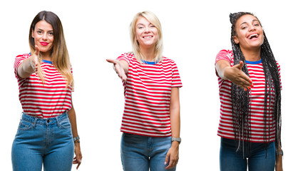 Collage of young women wearing stripes t-shirt over isolated background smiling friendly offering handshake as greeting and welcoming. Successful business.