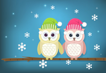 Paper art illustration of Owl couple and snowflake. Merry Christmas, Happy New Year background