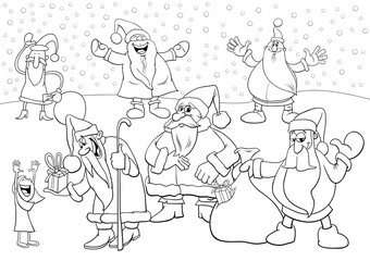 Santa characters group coloring book