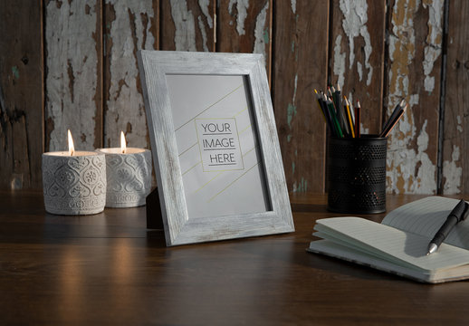 Patterned Frame on Wooden Table Mockup