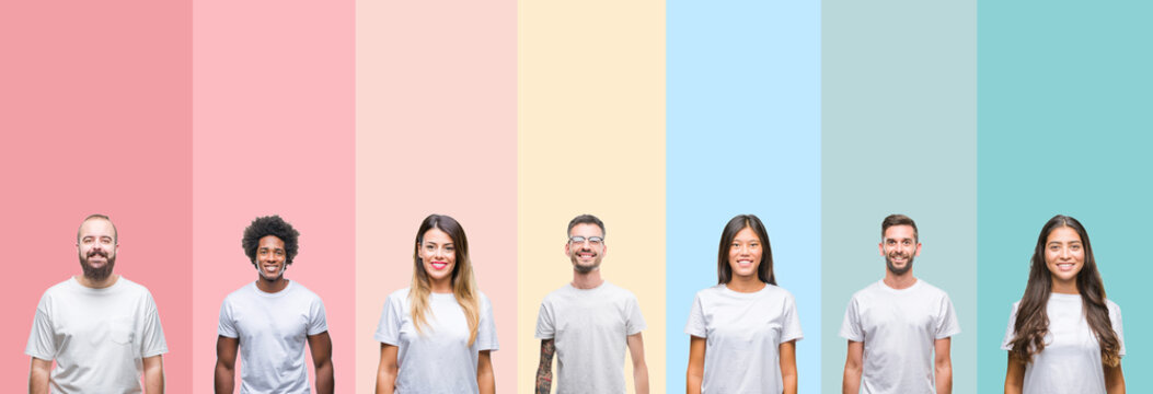 Collage of different ethnics young people wearing white t-shirt over colorful isolated background with a happy and cool smile on face. Lucky person.