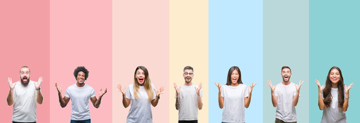 Collage of different ethnics young people wearing white t-shirt over colorful isolated background celebrating crazy and amazed for success with arms raised and open eyes screaming excited