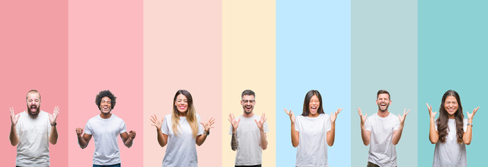 Collage of different ethnics young people wearing white t-shirt over colorful isolated background...
