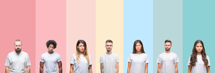 Collage of different ethnics young people wearing white t-shirt over colorful isolated background skeptic and nervous, frowning upset because of problem. Negative person.