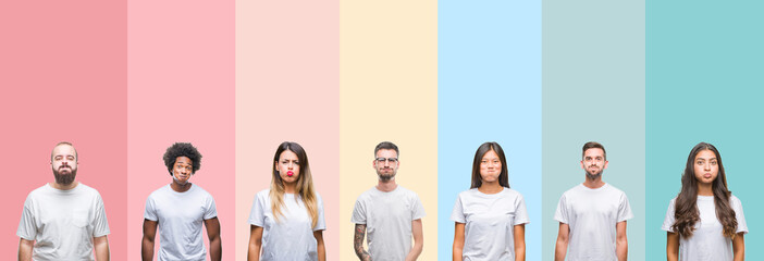 Collage of different ethnics young people wearing white t-shirt over colorful isolated background puffing cheeks with funny face. Mouth inflated with air, crazy expression. - obrazy, fototapety, plakaty