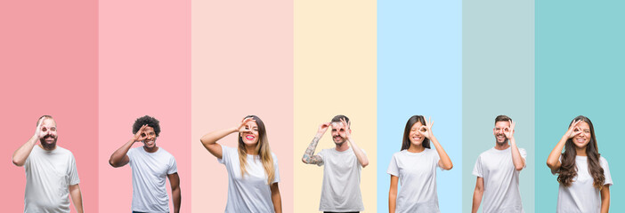 Collage of different ethnics young people wearing white t-shirt over colorful isolated background doing ok gesture with hand smiling, eye looking through fingers with happy face.
