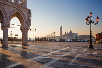 Venice - Doge palace and Saint Mark square and San Giorgio Maggiore church in background in morning...