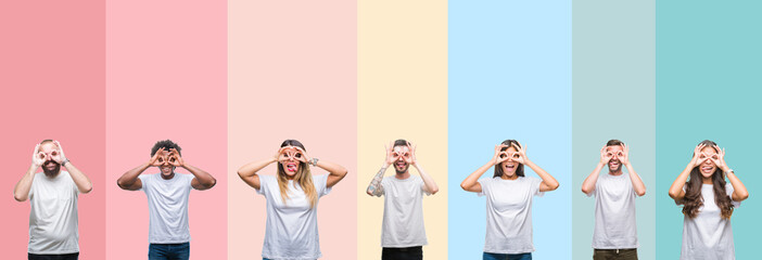 Collage of different ethnics young people wearing white t-shirt over colorful isolated background doing ok gesture like binoculars sticking tongue out, eyes looking through fingers. Crazy expression.