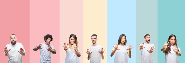 Collage of different ethnics young people wearing white t-shirt over colorful isolated background afraid and terrified with fear expression stop gesture with hands, shouting in shock. Panic concept.