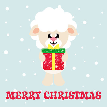 cartoon cute sheep white with christmas gift and christmas text
