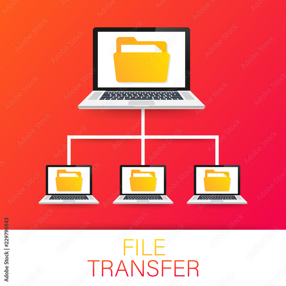 Poster file transfer. laptops with folders on screen and transferred documents. copy files, data exchange, 
