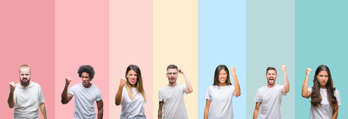 Collage of different ethnics young people wearing white t-shirt over colorful isolated background angry and mad raising fist frustrated and furious while shouting with anger. Rage and aggressive