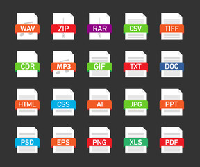 File formats flat icons set. White paper document pictograms with different file types, extensions. Web design graphic elements.