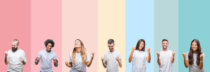 Collage of different ethnics young people wearing white t-shirt over colorful isolated background...