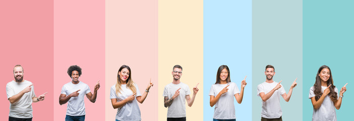 Collage of different ethnics young people wearing white t-shirt over colorful isolated background smiling and looking at the camera pointing with two hands and fingers to the side.