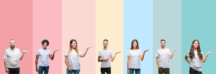 Collage of different ethnics young people wearing white t-shirt over colorful isolated background smiling cheerful presenting and pointing with palm of hand looking at the camera.