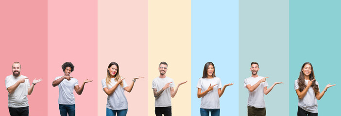 Collage of different ethnics young people wearing white t-shirt over colorful isolated background amazed and smiling to the camera while presenting with hand and pointing with finger.