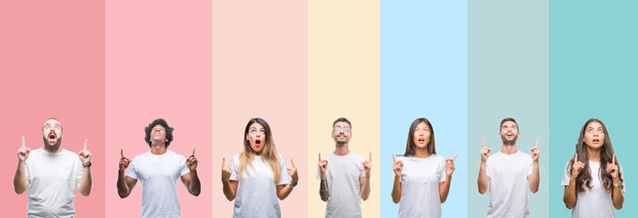 Collage of different ethnics young people wearing white t-shirt over colorful isolated background...