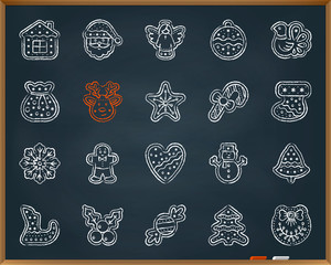 Christmas Gingerbread chalk draw line icons vector set