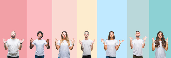 Collage of different ethnics young people wearing white t-shirt over colorful isolated background relax and smiling with eyes closed doing meditation gesture with fingers. Yoga concept.