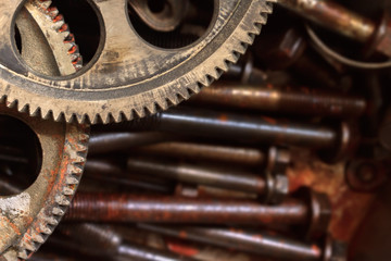 Mechanic picture. Close-up cogs of cam sharp gear with rust and dusty textured. Unused parts from car engine put on group of old bolts and nuts background. Selective focus and copy space