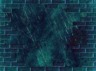 Grunge dark blue abstract background with brick wall shape.