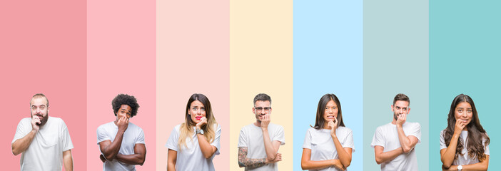 Collage of different ethnics young people wearing white t-shirt over colorful isolated background looking stressed and nervous with hands on mouth biting nails. Anxiety problem.