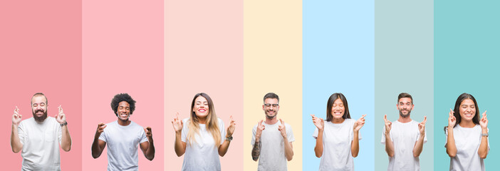 Collage of different ethnics young people wearing white t-shirt over colorful isolated background smiling crossing fingers with hope and eyes closed. Luck and superstitious concept.