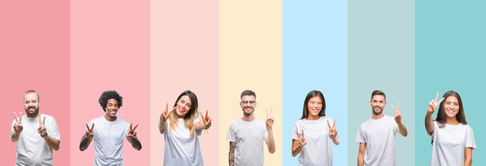 Collage of different ethnics young people wearing white t-shirt over colorful isolated background smiling looking to the camera showing fingers doing victory sign. Number two.