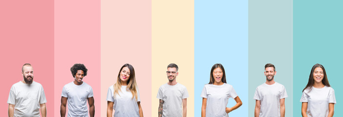 Collage of different ethnics young people wearing white t-shirt over colorful isolated background winking looking at the camera with sexy expression, cheerful and happy face.