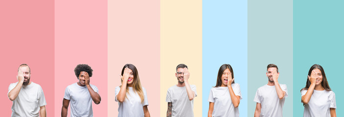 Collage of different ethnics young people wearing white t-shirt over colorful isolated background covering one eye with hand with confident smile on face and surprise emotion.