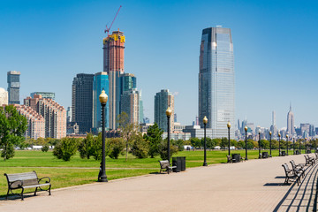Skyline of Jersey City, New Jersey along path in Liberty State Park